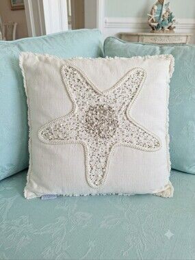 Coastal Collection Beaded Starfish Accent Pillow Beach Ocean Decor off-white 19"